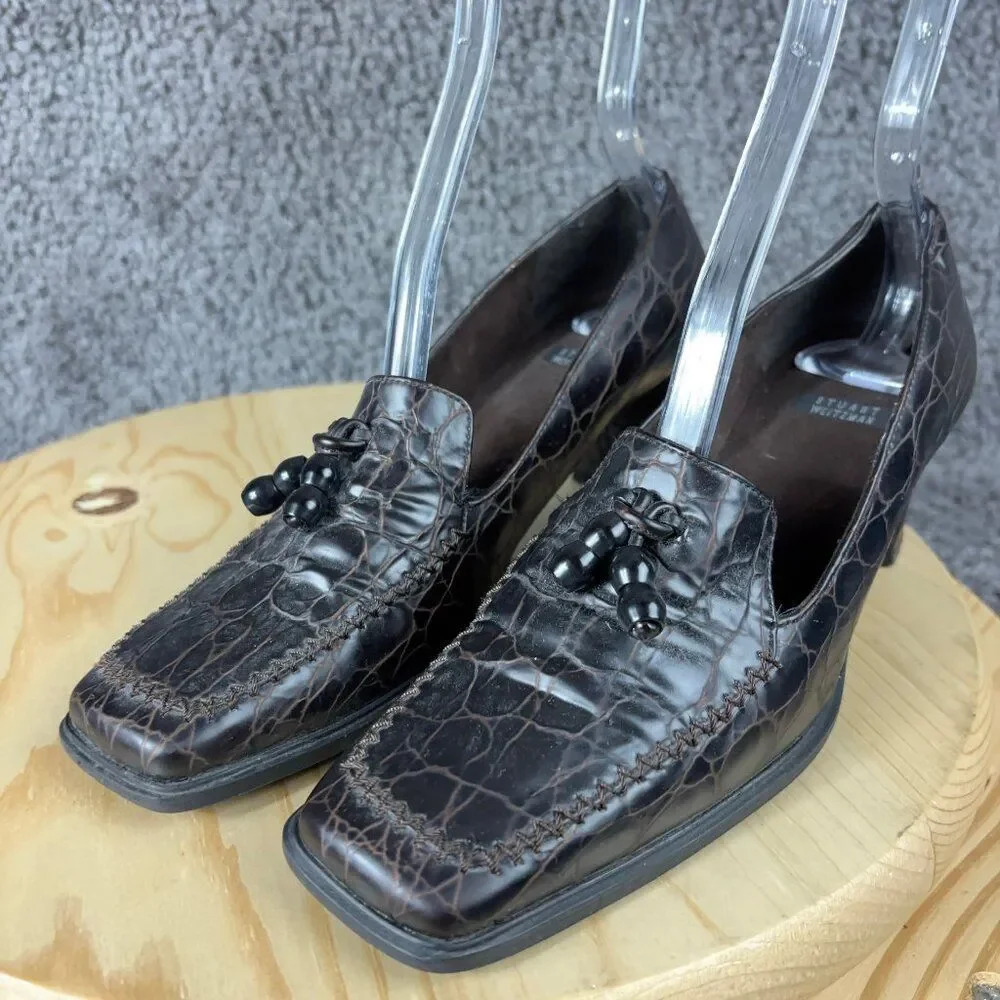 Stuart Weitzman Heels Womens 7 Brown Leather Alligator Print Square Toe Shoes